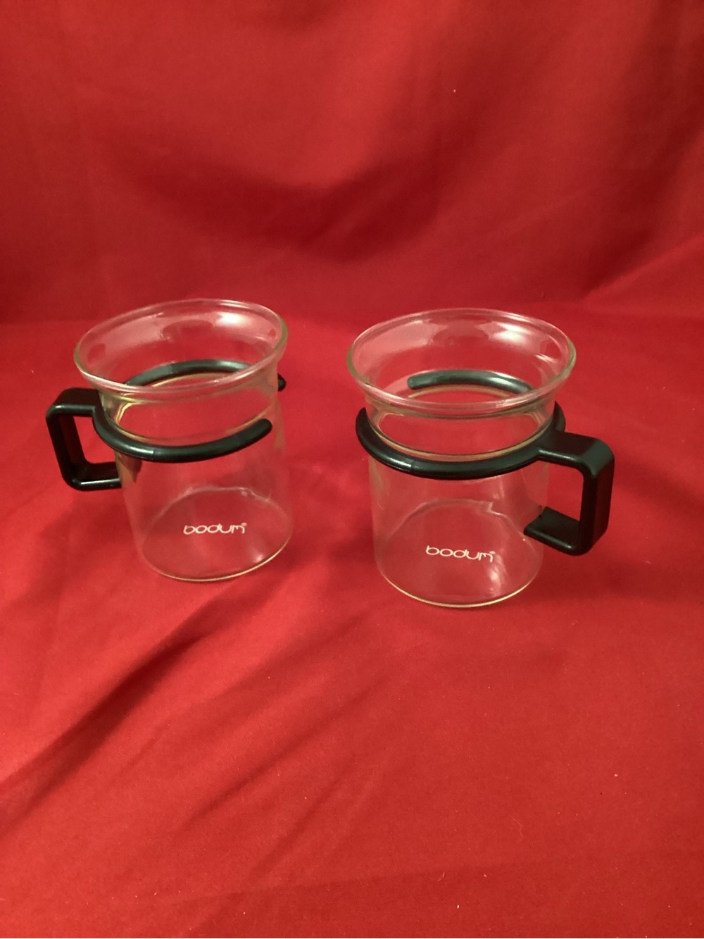 2 Bodum Clear Glass Coffee Mugs with Black plastic Handles